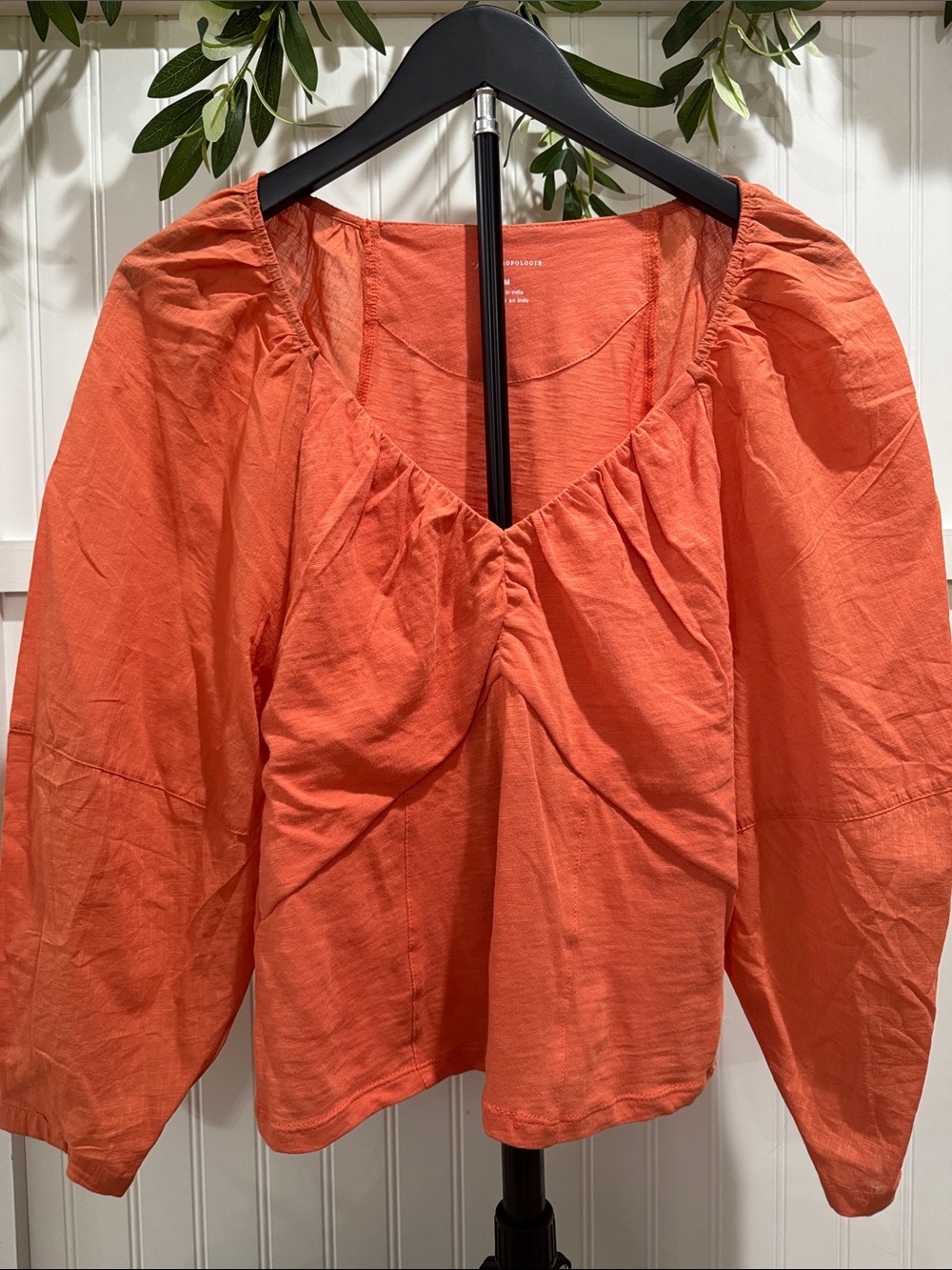 #179 ANTHROPOLOGIE Orange Gathered V-Neck Puff Sleeve Blouse 100% Cotton M
